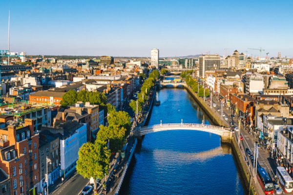 Dublin aerial with Ha'penny bridge during sunset in Dublin, Ireland